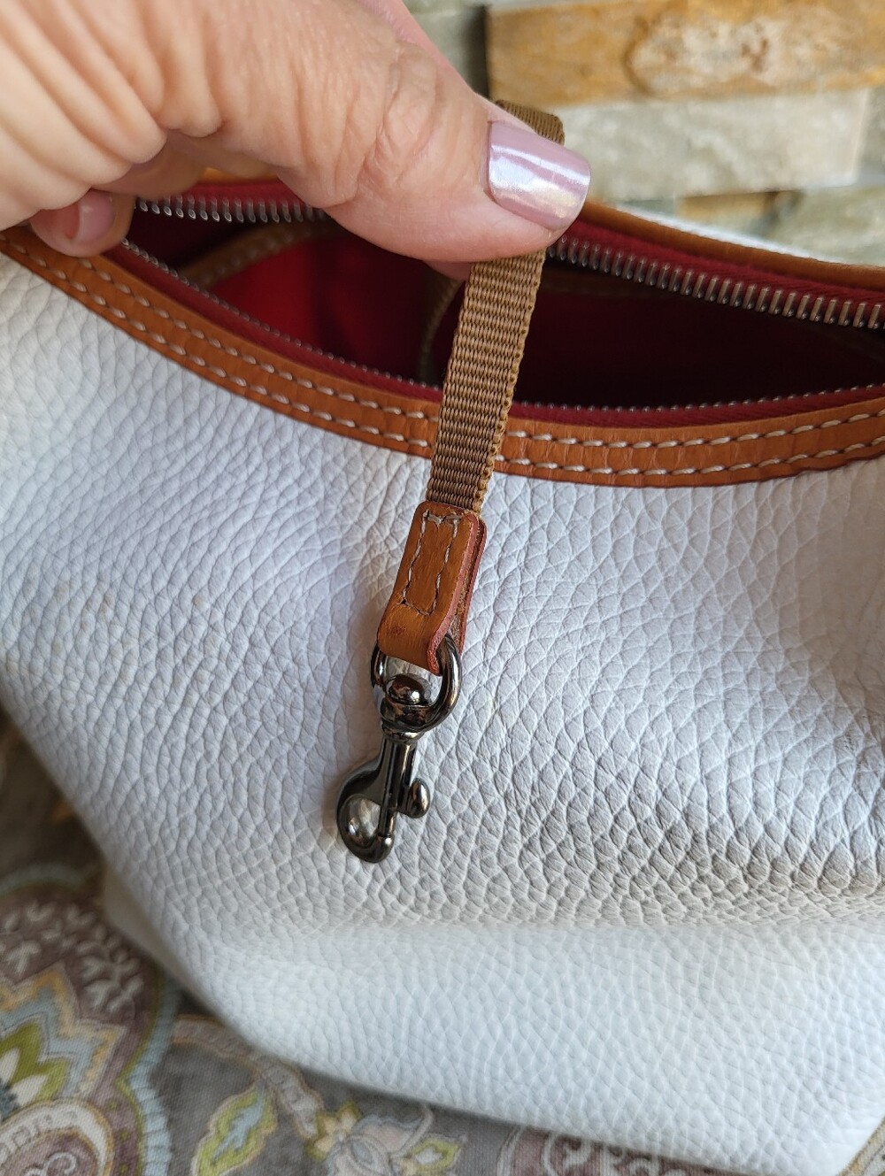 Dooney & Bourke Paige White Pebbled Leather Shoulder Bag with Tan Leather Trim - Picture 8 of 9